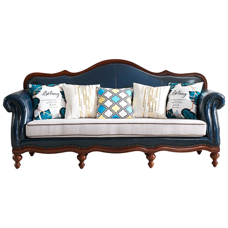

Rural solid wood leather sofa fabric cushion living room light luxury