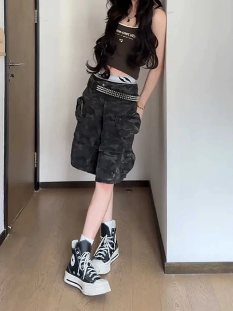 อเมริกันวินเทจฮิปฮอปล้างกางเกงคาร์โก้หญิงฤดูร้อน Hottie หลายกระเป๋ากางเกงครอปเกาหลีแฟชั่นการออกแบบสบายๆกางเกงใหม่