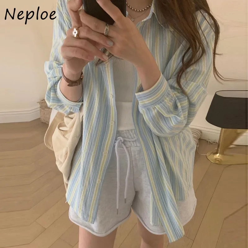 

Neploe Korean Lapel Neck Striped Shirts Women Summer Thin Long Sleeve Sun Protection Blouses Y2k All-match Loose Blusas Mujer