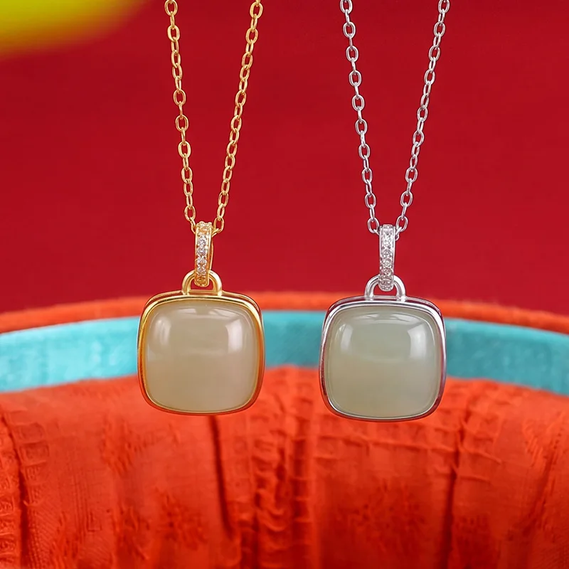 S925 silver Hetian jade Ruyi square geometric pendant, style versatile hanging ornament