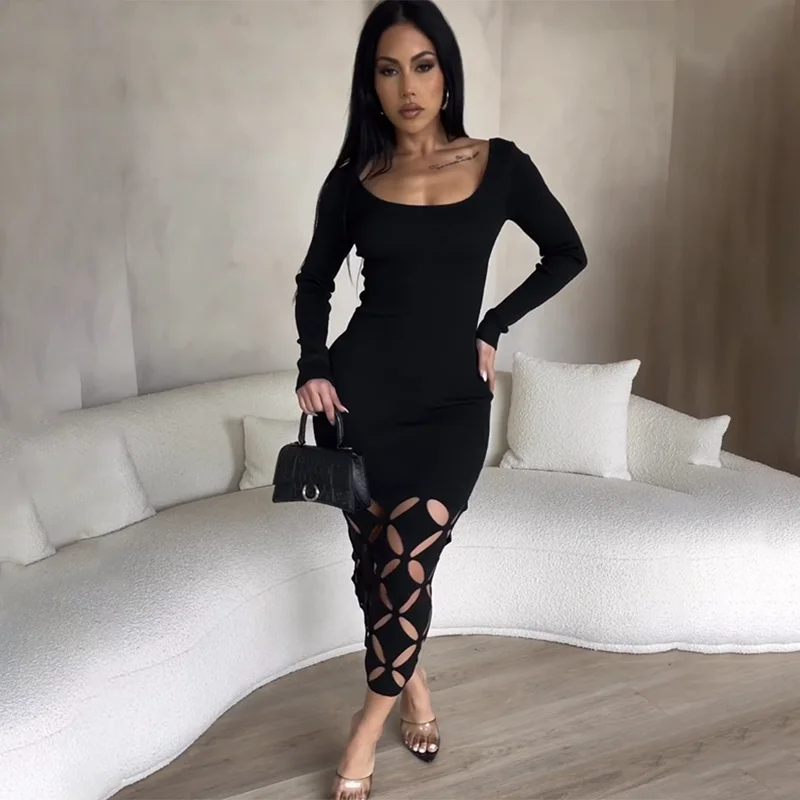 Oshfall Herbst Winter Frauen solide quadratische Hals lang ärmel ige Kleider Mode sexy y2k aushöhlen Kleider Strand Party Club Kleidung