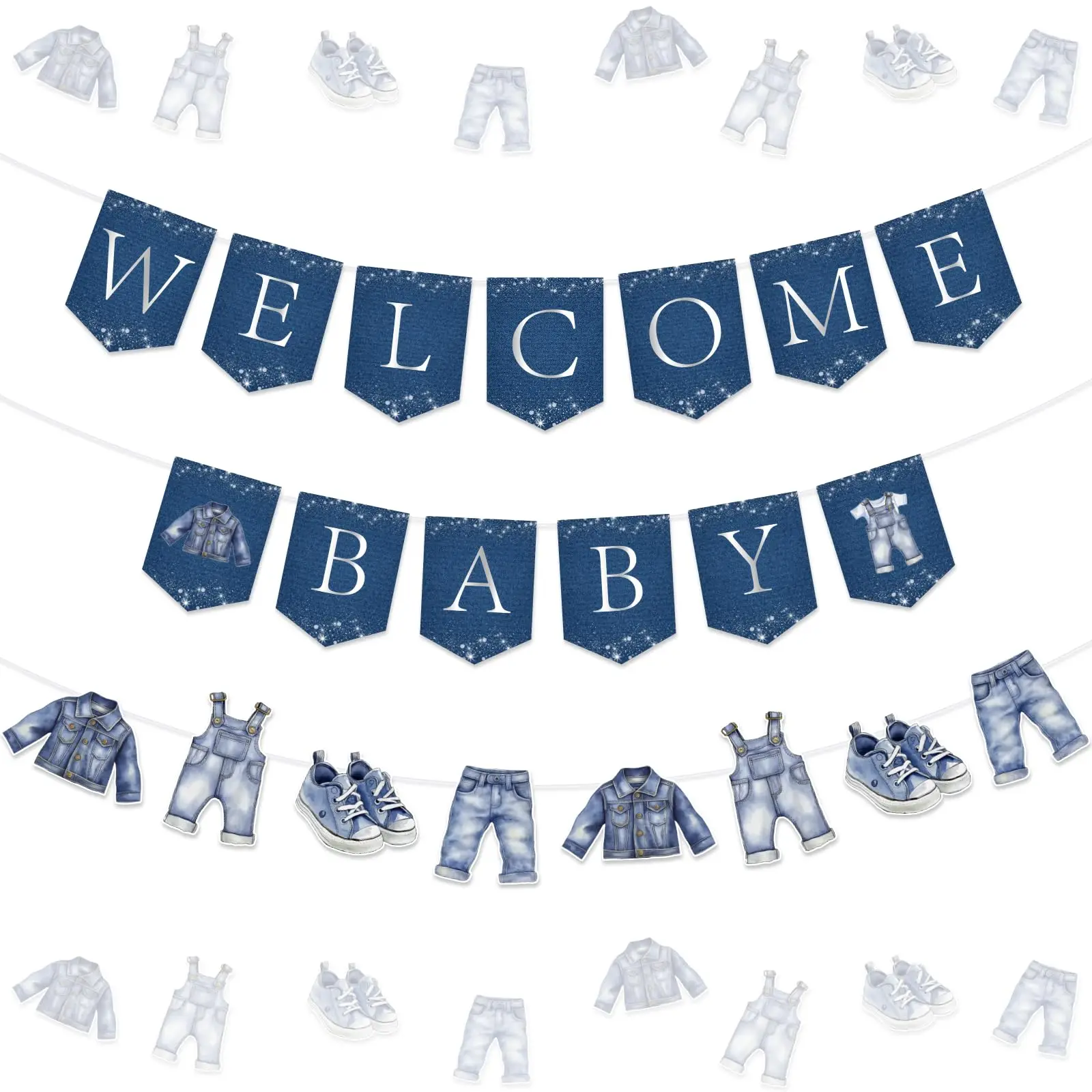 Guirnalda Precolgada de Bienvenida para Bebé, Body de Vaquero Azul para Bebé, Decoraciones para Fiesta de Primer Cumpleaños de Niños