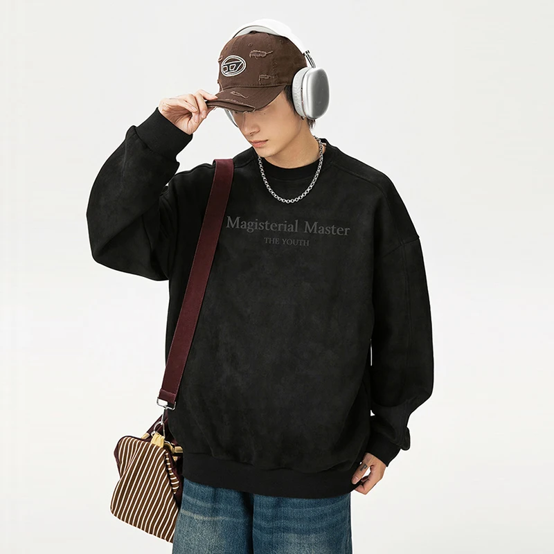 الخريف موضة الاتجاه رسالة مطبوعة Crewneck البلوز سبليت والانضمام معطف الرجعية الرجال ملابس الهيب هوب فضفاضة غير رسمية