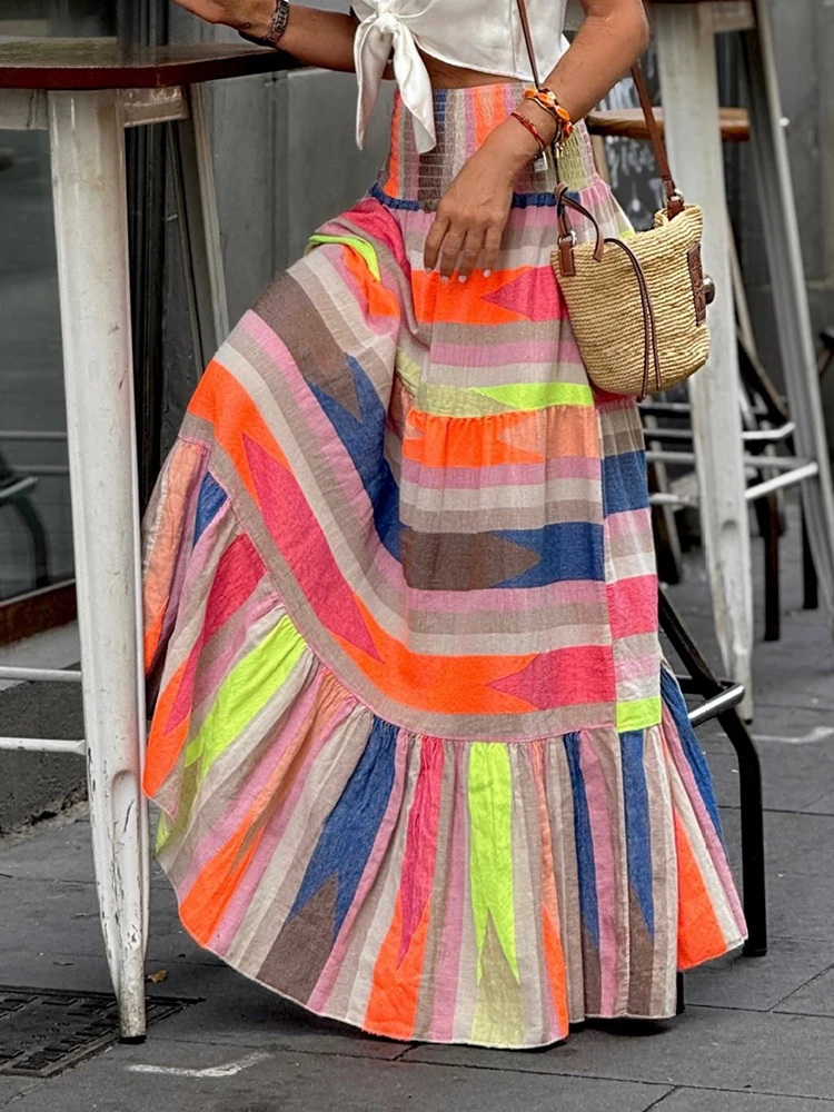 Women's Holiday High Elastic Waist Skirt Spring Summer Print Patchwork Loose Ruffle Elegant Chic Simple Ladies Skirt Streetwear