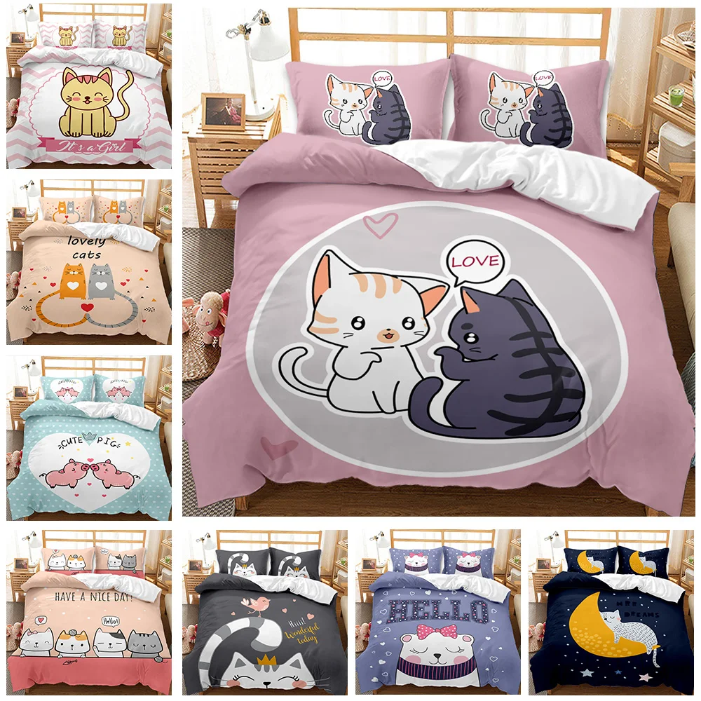 

Queen - sized Kids Cat Duvet Cover. Features a cartoon kitten sleeping on a crescent moon with stars, in a night dreams theme.