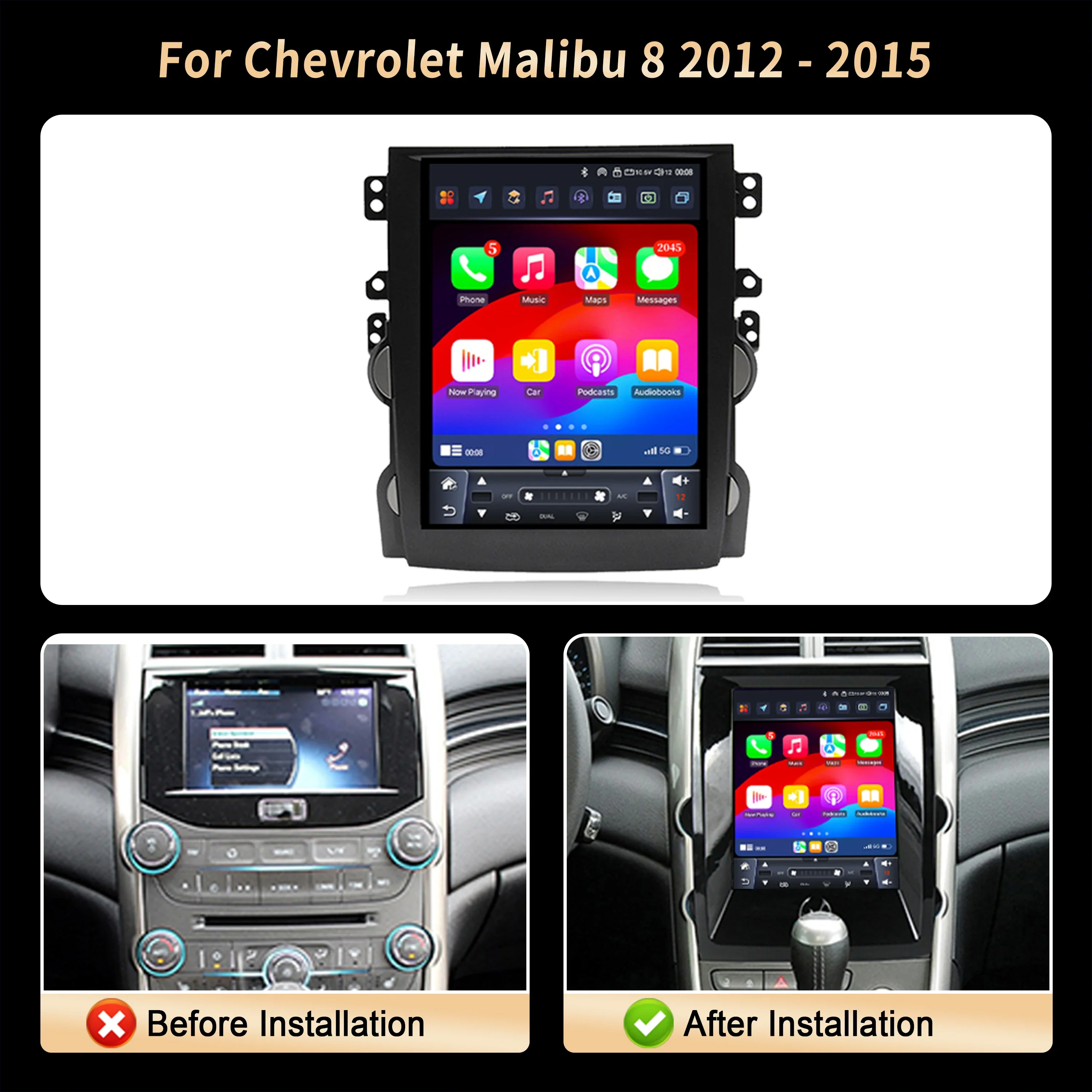 9.7 Inch For Chevrolet Malibu 8 2012 2013 2014 2015 Bright Black Car Radio Multimedia Wireless BT Carplay Android 14 QLED Screen
