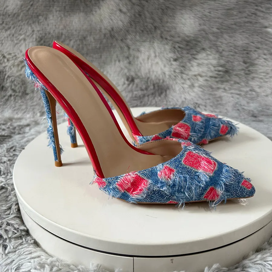 Denim Design Fashionable color blocking Slippers Women Pointed Toe Slide Shoes Fashion Party Prom Stiletto Thin Heels Sandals
