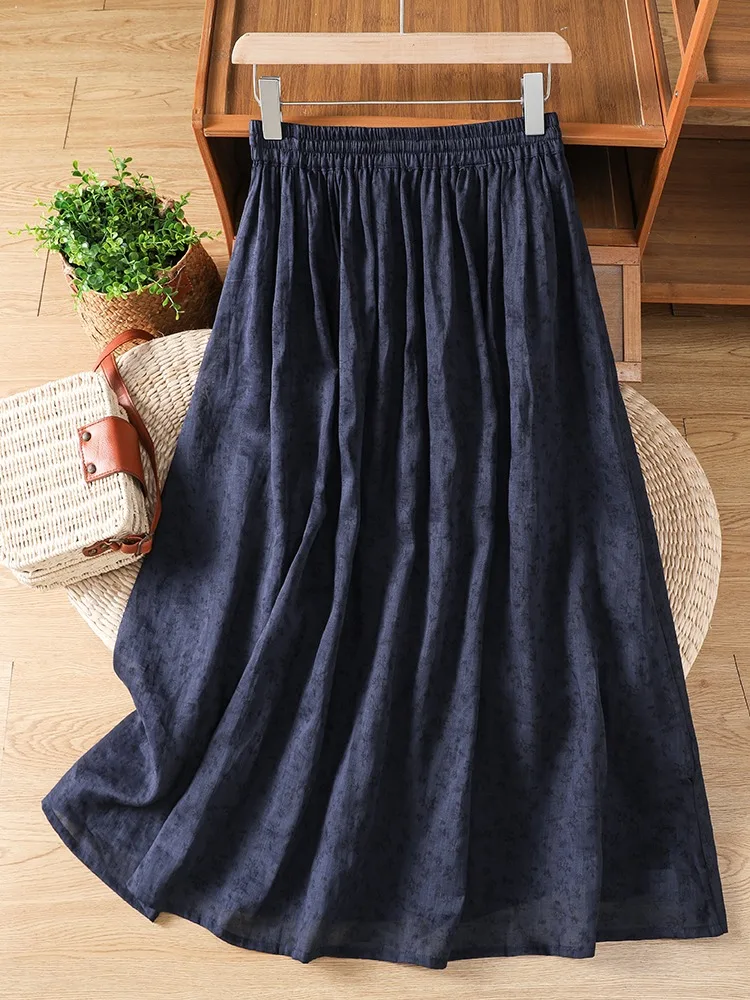 Retro Floral Print Cotton Linen Half Skirt Women's Summer Elastic High Waist Drawstring Draping Double Layer A-Line Midi Skirt