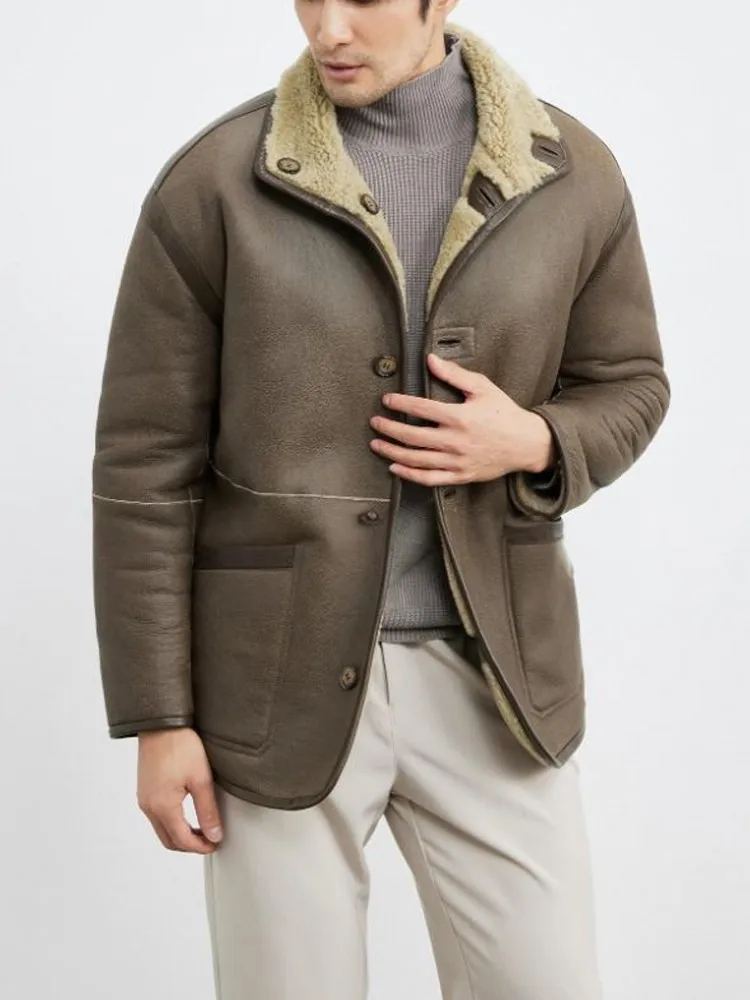 Business Men Winter Warm Wool Lining Work Coat Sheepskin Genuine Leather Real Fur Jacket Reversible Shearling Turn Down Collar