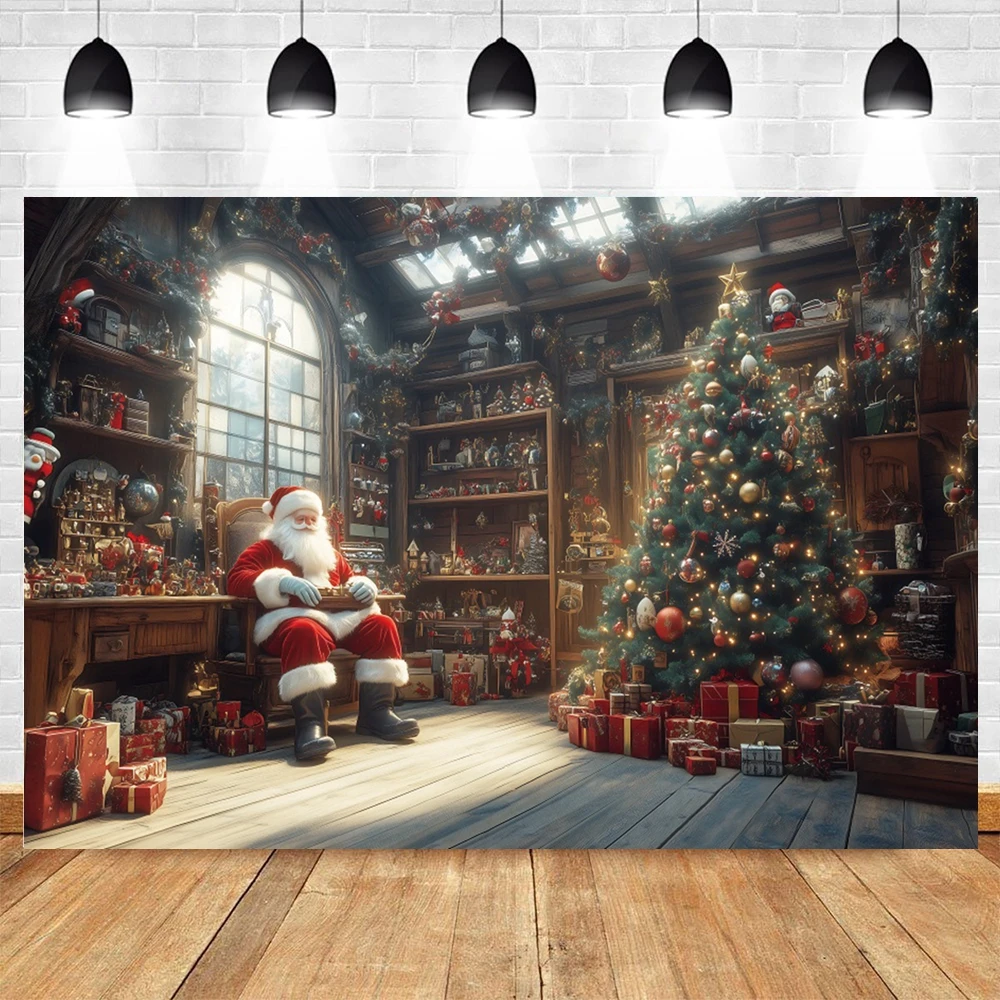 Christmas Santa Claus Workshop Backdrop Xmas Tree Gifts Shelf Xmas Baby Kids Family Portrait Photography Background Photo Studio