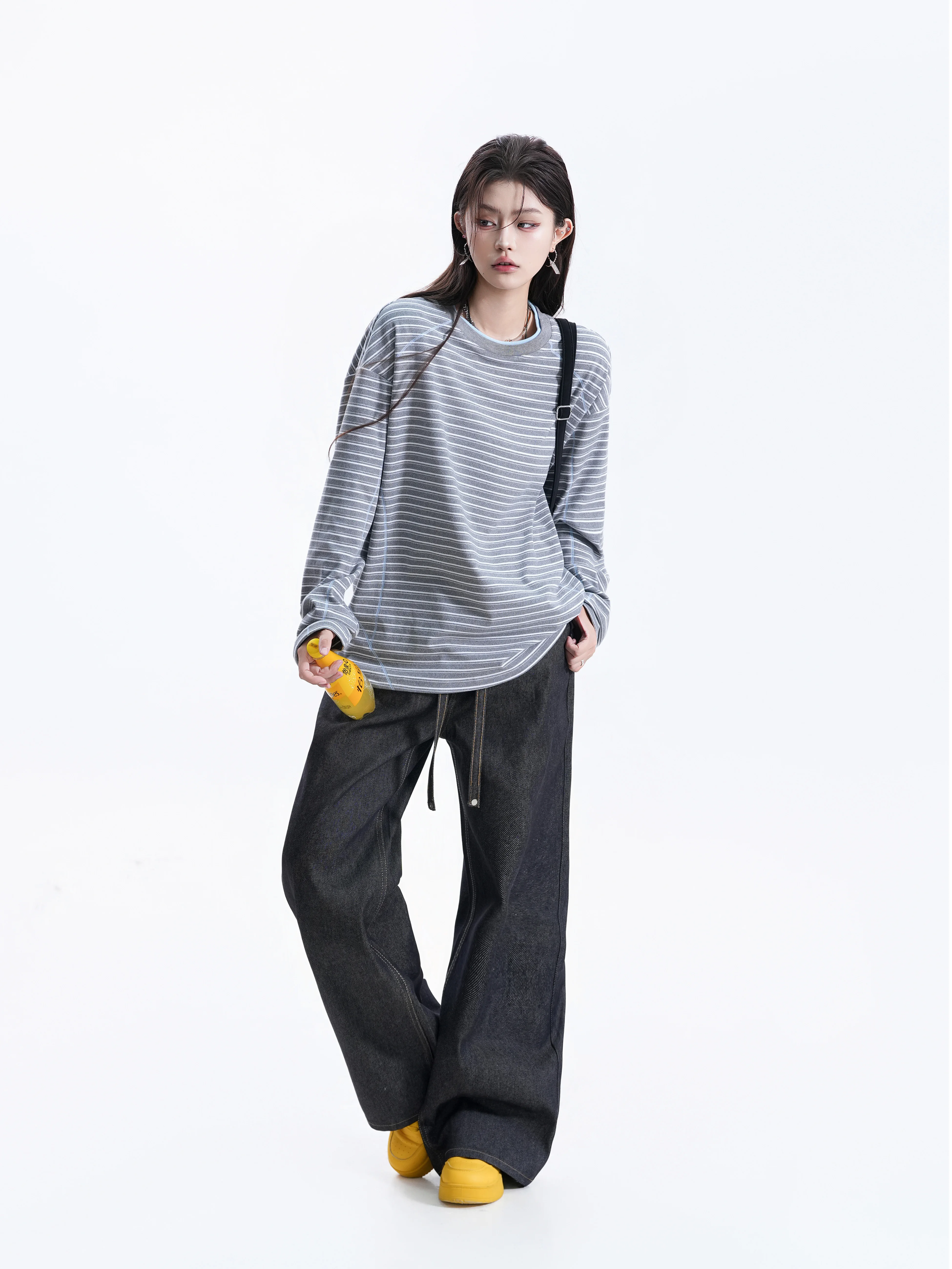 Loose Long Sleeve Striped T-Shirt Women's Lazy Shoulder Style Casual Basic Top for Couples American Retro Ball Pattern