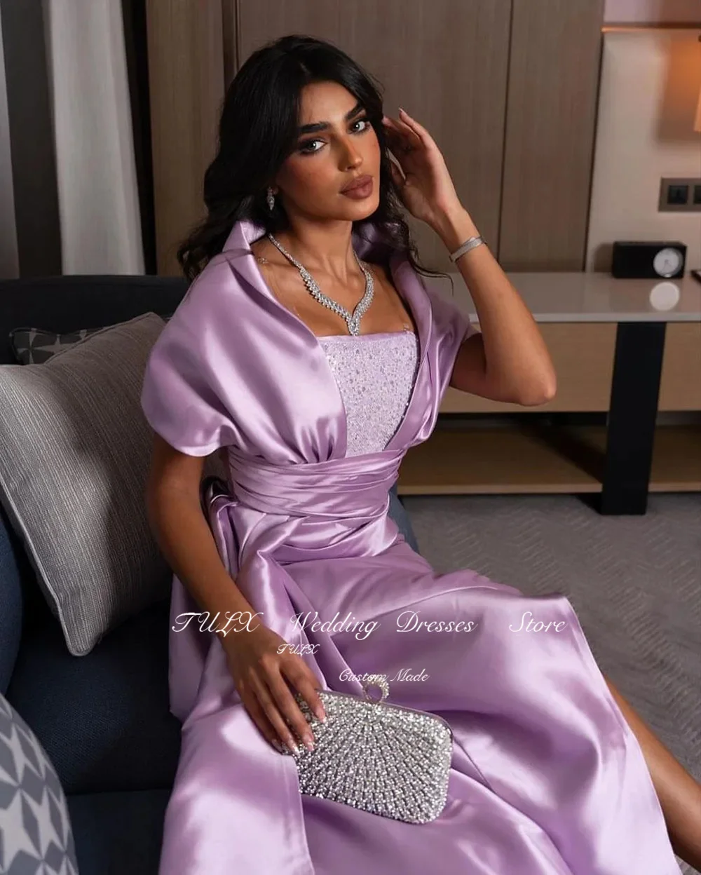 TULX Satin Sparkly Arabic Prom Dresses Cap Sleeves Pleat Middle Split Women Long Specail Occasion Party Dress Evening Gown 2025