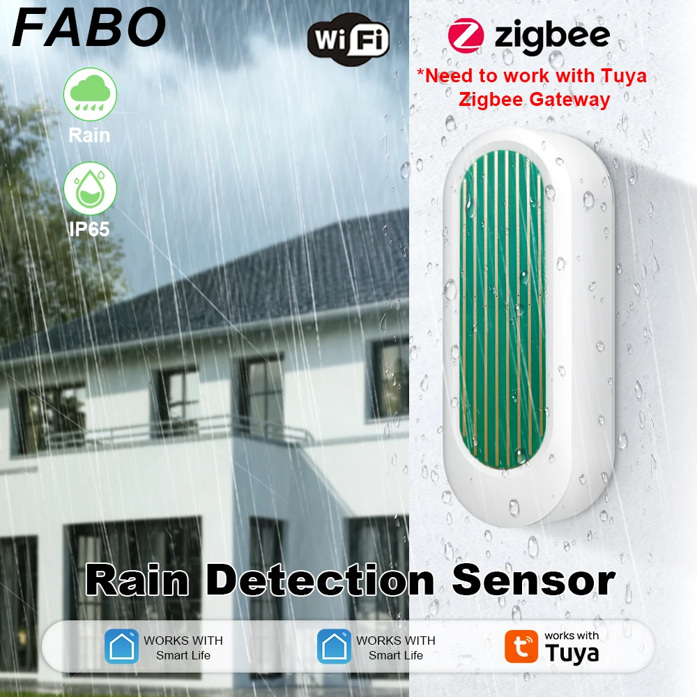 FABO Tuya WiFi/Zigbee Rain Drop Sensor IP65 Waterproof Outdoor  Rain Detection Water Leak Sensor Real-Time APP Push Alert