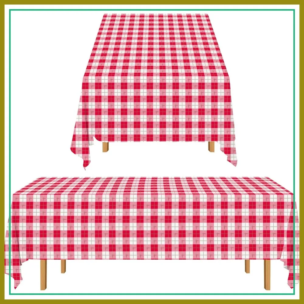 

3PCS Red White Gingham Rectangular Waterproof Tablecloth 54X108Inch Disposable Plastic Table Cover with Gold Stamping for Easter Picnic Barbecue Kitchen Holiday Birthday Party