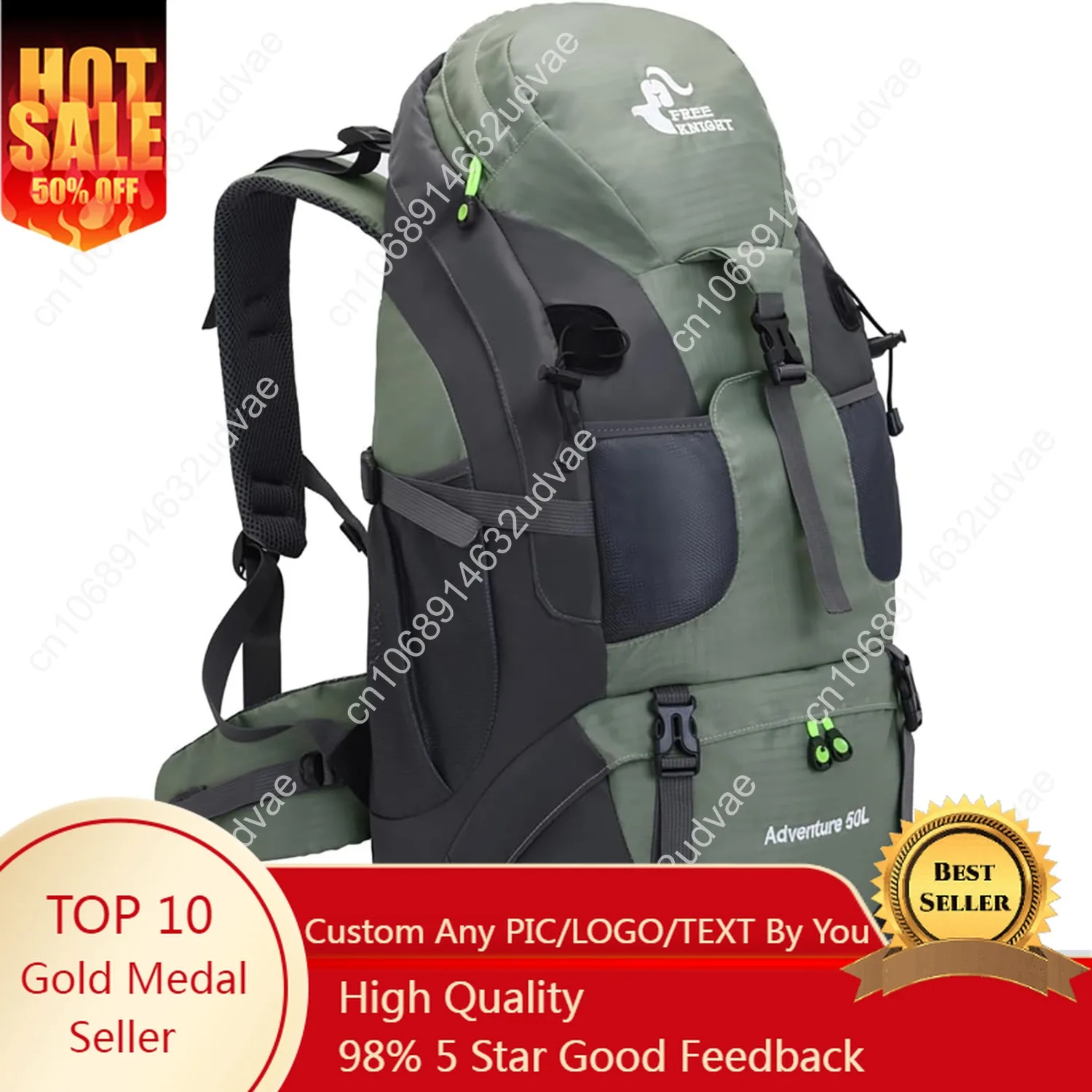 

Bseash 50L Hiking Backpack, Water Resistant Lightweight Outdoor Sport Daypack Travel Bag for Camping Climbing Skiing Cycling (Ar