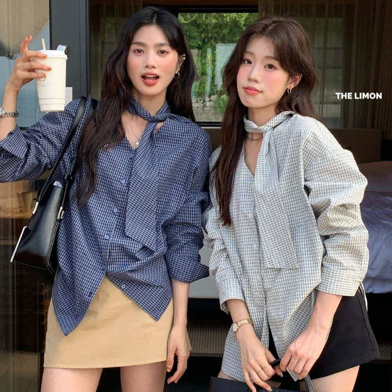 

Lemon Green Tea Korean Design Niche Bow Tie Lace Plaid V-neck Loose Shirt for Women