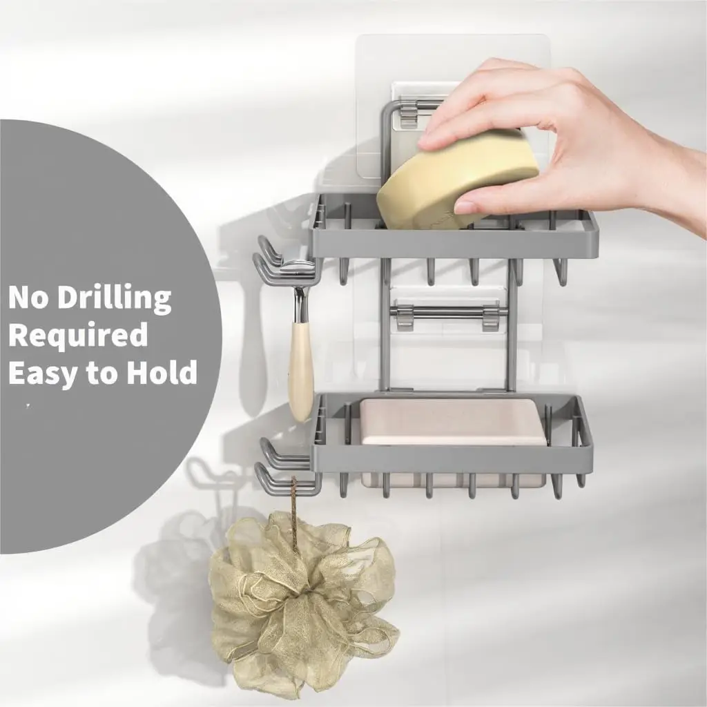 Grey Double Soap Bar Holder For Shower, No Drilling, 304 Rustproof Stainless Steel, Wall Mounted Soap Holder With 4 Hoo
