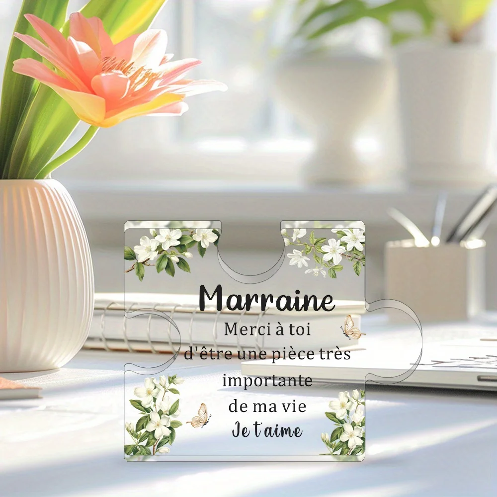 2D Flat, 1-teiliges französisch inspiriertes Puzzle aus Acryl, Geschenk für die Patin – Blumen- und Schmetterlingsdesign mit „Merci Marie“ und zweisprachig