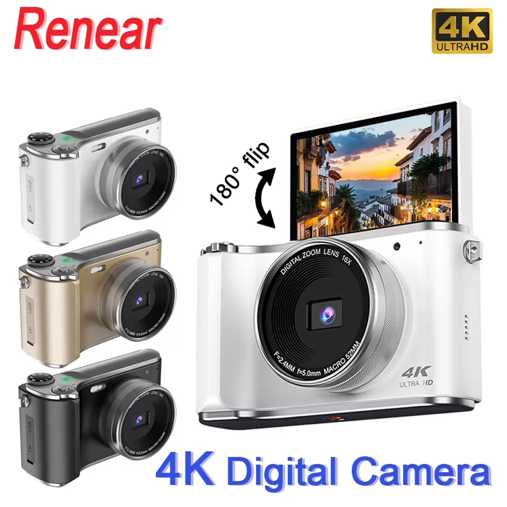 

4K Digital Camera 64MP 16X Digital Zoom 180° Flip Screen Photography Vlog Video Recorder For YouTube Ins Selfile Web Cam RENEAR