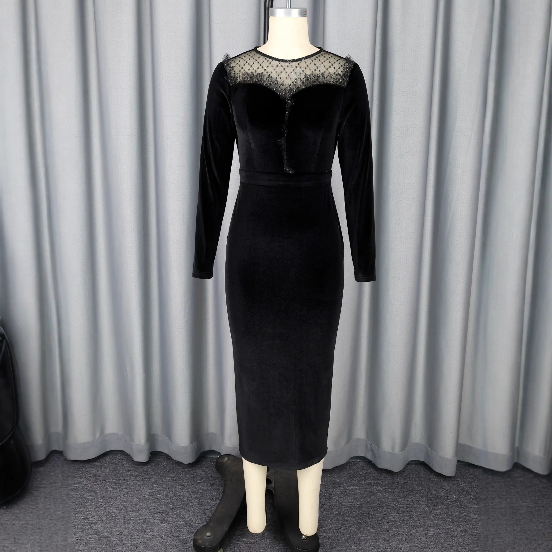 French Round Neck Sheer Velvet Dress Sexy Mesh Patchwork Long Sleeve Slim Fit Bodycon Evening Gown Dress Robe Vestido Women