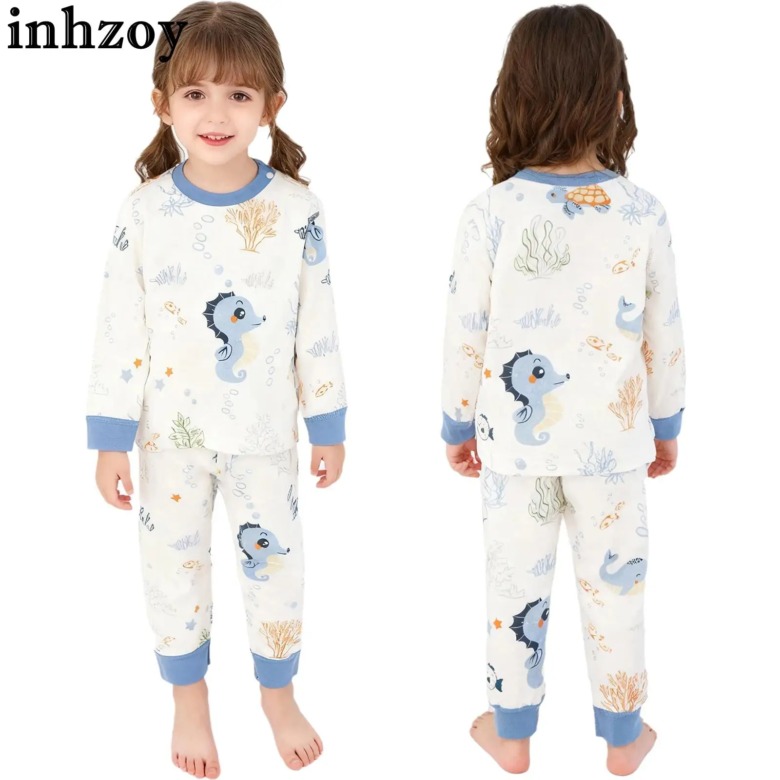 

Пижамный комплект унисекс для малышей на осень и зиму, хлопковое термобелье, домашняя одежда, топ с длинными рукавами и штаны с принтом, одежда для дома, одежда для сна