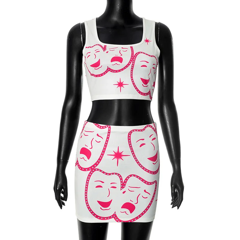 Sifreyr Y2K Portrait Print 2-teiliges Set Damenmode Passendes Set Sommer Ärmelloses Crop Top Miniröcke Streetwear Casual Anzüge
