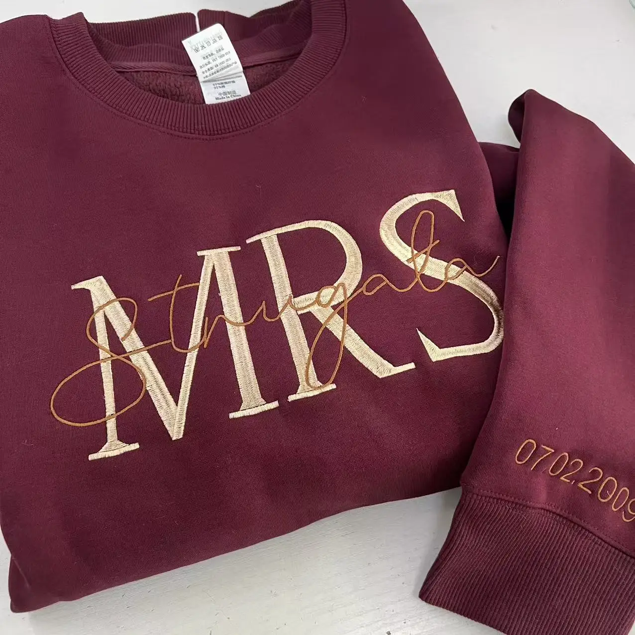 

Custom Mrs. Embroidered Sweatshirt, Gift for future Mrs & Mr engagement gift, bride to be, date on sleeve, Valentine's Day gift