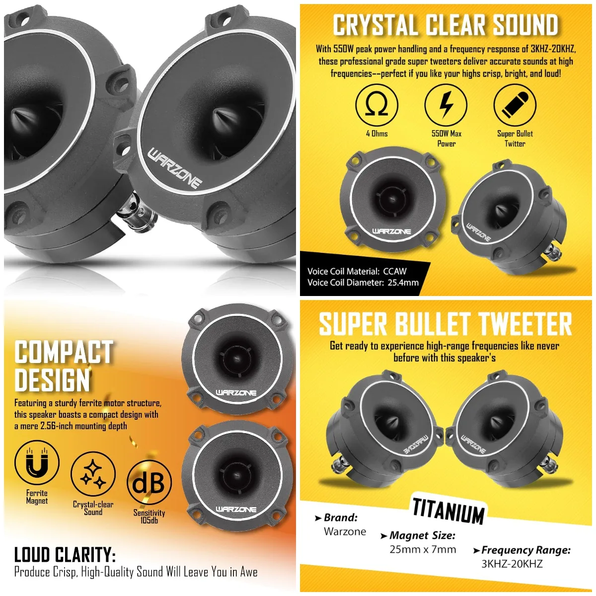 

2X WZ25TW 2.93' Super Tweeter, 4 Ohm, 1100W Max, Titanium Diaphragm, CCAW Voice Coil for Car Audio (Pair)