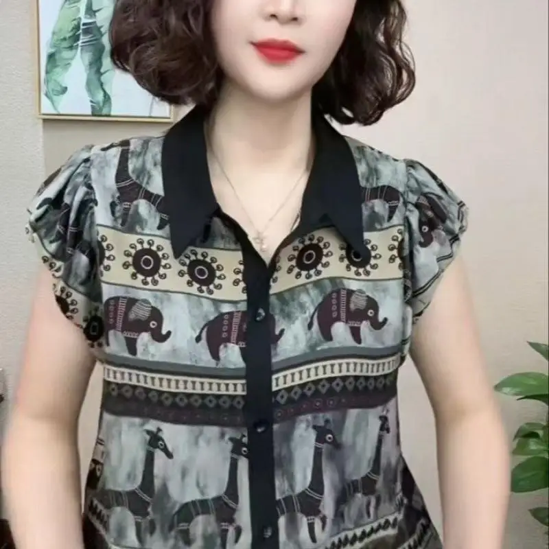 

Women Temperament Chiffon Shirt Urban Fashion Summer Short Sleeve Gauze Loose Lapel Cardigan Elegant Women's printing Blouses