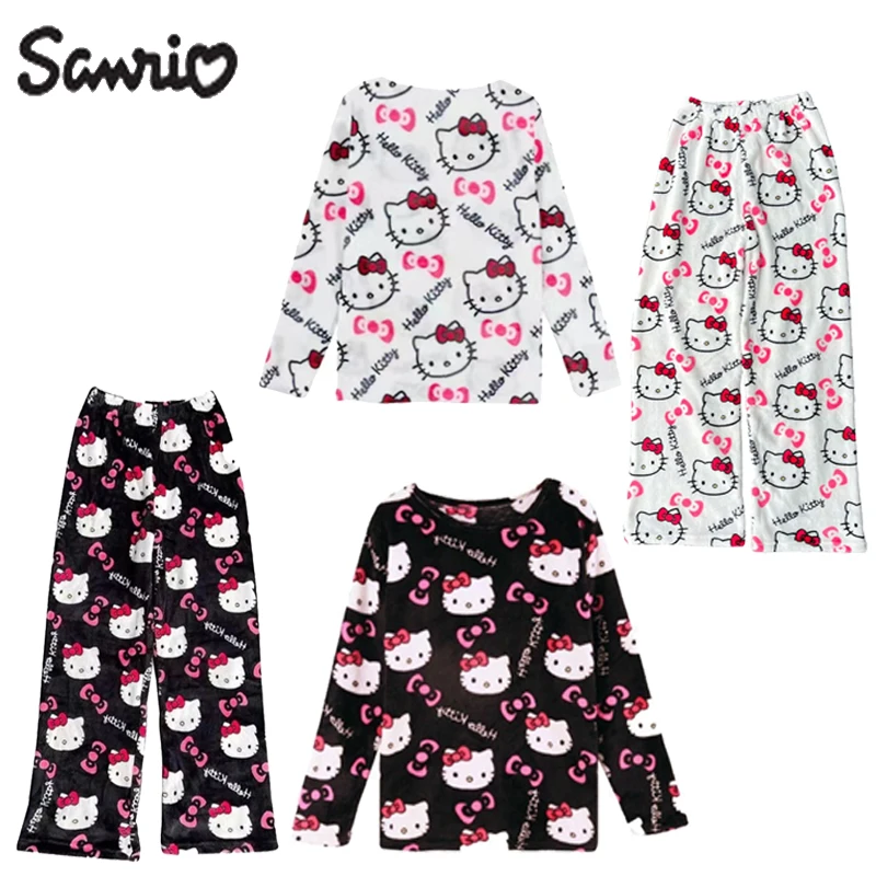 New Cartoon Sanrio Hello Kitty Autumn and Winter Flannel Thickened Velvet Cartoon Print Set Casual Home Pants Jacket Thermal Set