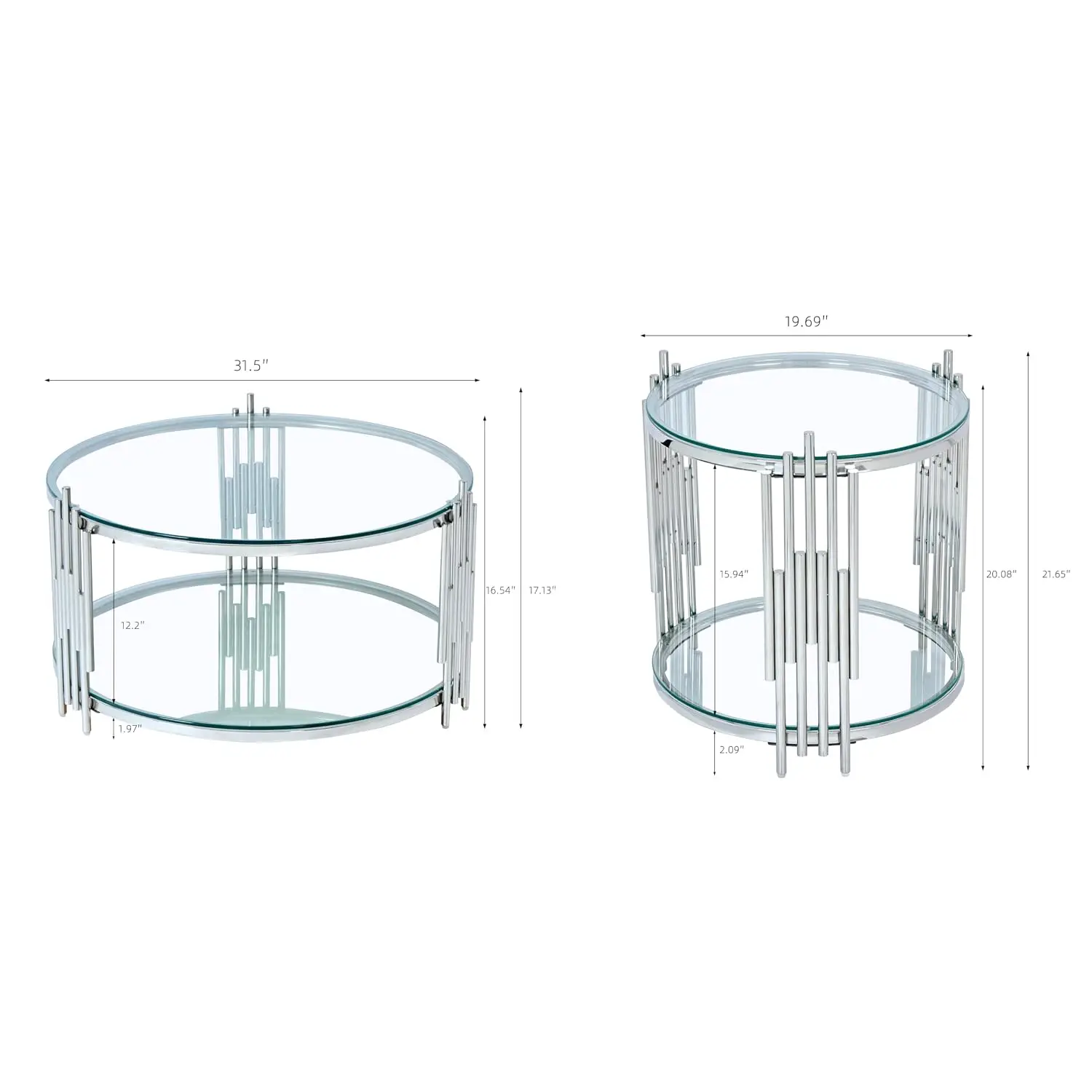 Glass Coffee Table Set of 2 with Clear Top & Lower Shelf for Living Room Apartment, Customized