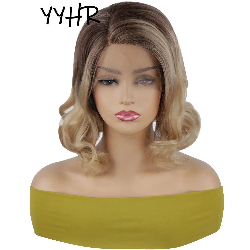 

Synthetic 13x1 4x1 T Part Lace Wig Short Ombre Blonde Dark Brown Roots Natural Wavy Curls Women Daily Use Hair Wig