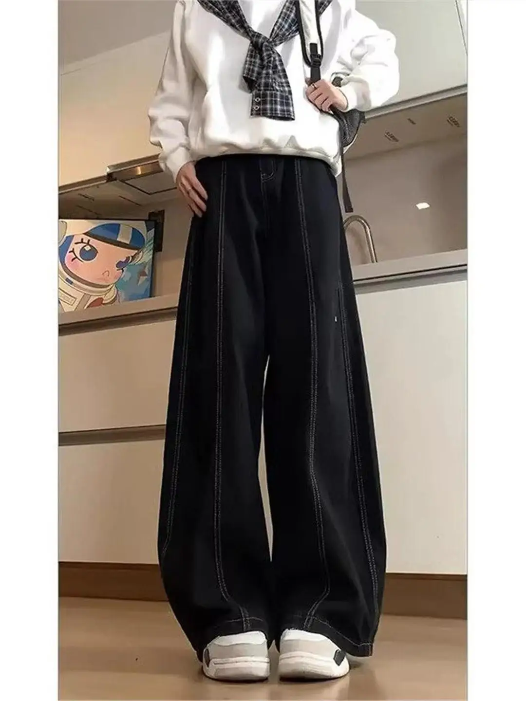 

American Retro Striped Line Straight Leg Jeans Men Women High Street Trendy Loose Wide Leg Casual Pants Youth Popular