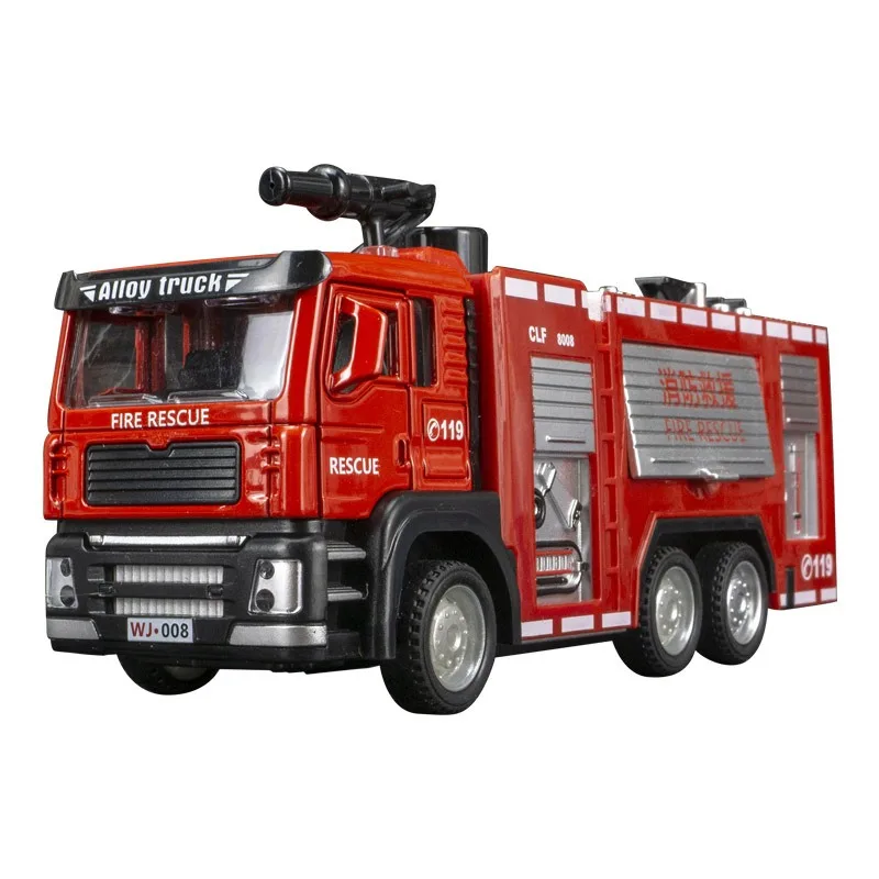 1/50 modelo de brinquedo de carro de motor de incêndio com escada de luz sonora roda de caminhão de bombeiros puxar para trás sprinkler veículo de resgate meninos decoração presentes