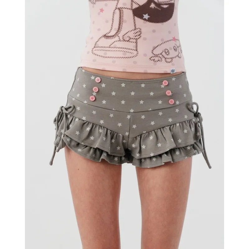 European and American women's double-layer ruffled edge drawstring retro punk low waist double breasted short skirt pants
