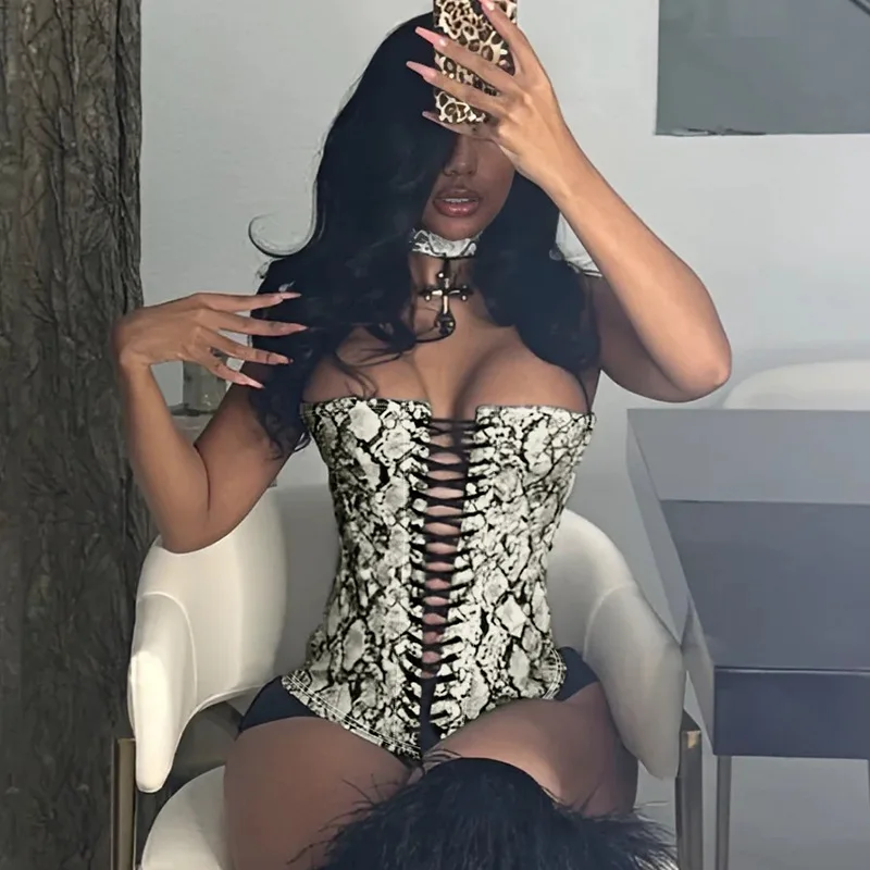 Hollow Out Strapless Corset for Women Sexy Snake Pattern Leather Lace-up Tube Tops Y2k Camisole Summer Streetwear Slim Shapewear