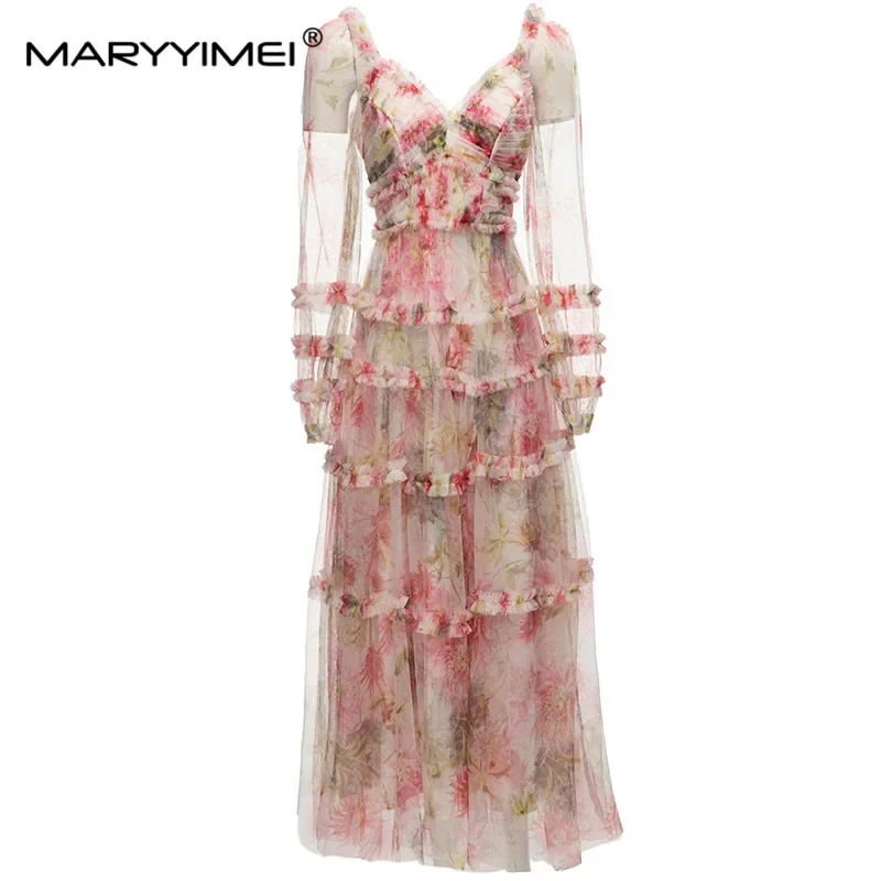 

MARYYIMEI New Autumn Women's Elegant dress Mesh Lantern Sleeve Wood Ear Edge Print Sexy V-Neck Backless Slim Party Dresses
