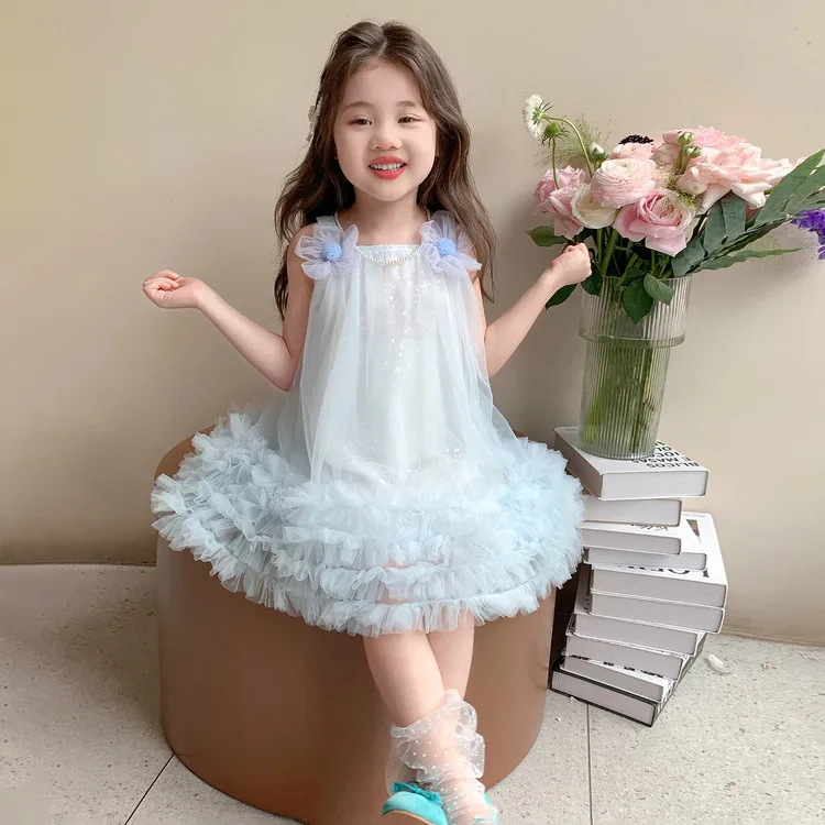 Saia de Tule Borboleta Doce Estilo Novo de Verão para Meninas Pequenas, Vestido de Princesa Azul com Flores, Moda Infantil El...