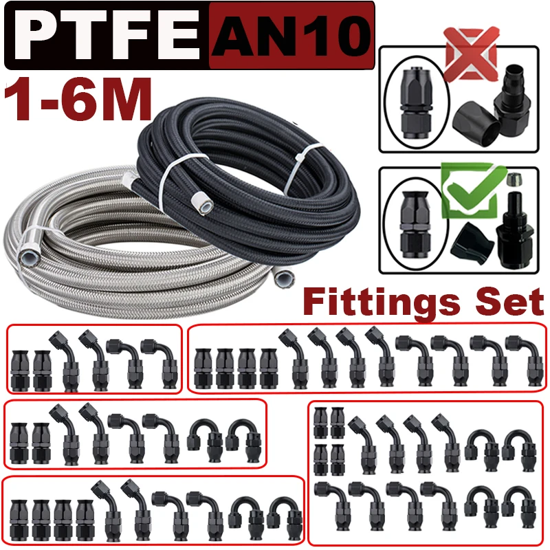 

1~6M AN10 10AN Nylon Stainless Steel PTFE Brake Hose E85 Car Fuel Oil Turbo Cooler Line Pipe Tube + Swivel Hose End Fittings Set