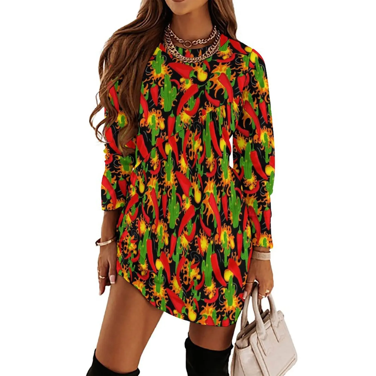 

Chilli Peppers, Cactus and Flames Cartoon Pattern Long Sleeved Dress women dress summer women"s suit long dress women summer