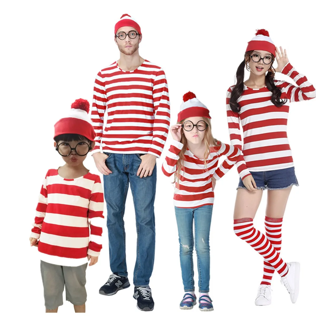 

Christmas Party Parent-Child Stripe Wally Waldo Book Week Cosplay Costume Halloween Masquerade Fancy T-Shirt Hat Glasses