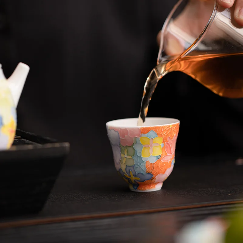 Jingdezhen Hand Painted Underglaze Color Thousand-Flower Pattern Tea Cup Stacked Glaze FineChinaCeramicGongfuTea WarePersonalUse