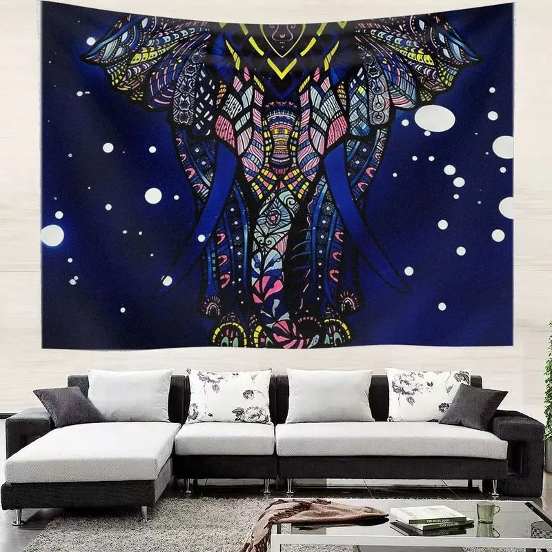 VIKAMA Line Drawing Flower Elephant Tapestry - Purple Solid Boho Spiritual Wall Hanging