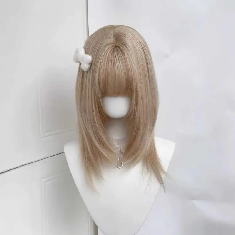 Women Straight Layered White Gold Wig Neat Bangs High Density Synthetic Natural Daily Role Play Party