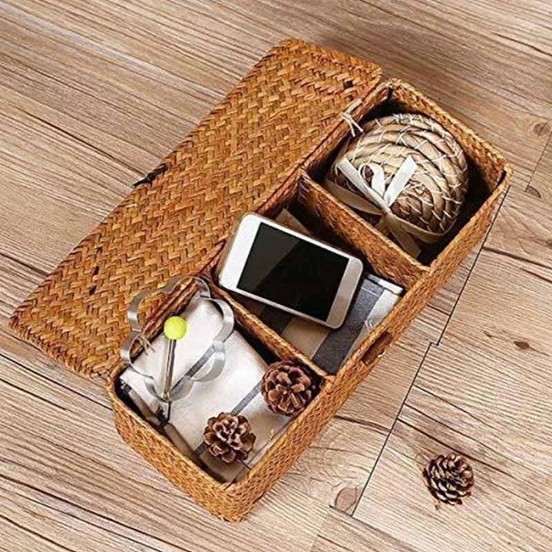 Portable Hand Woven Desktop Organizers 3-Grid Storage Basket Container Holder