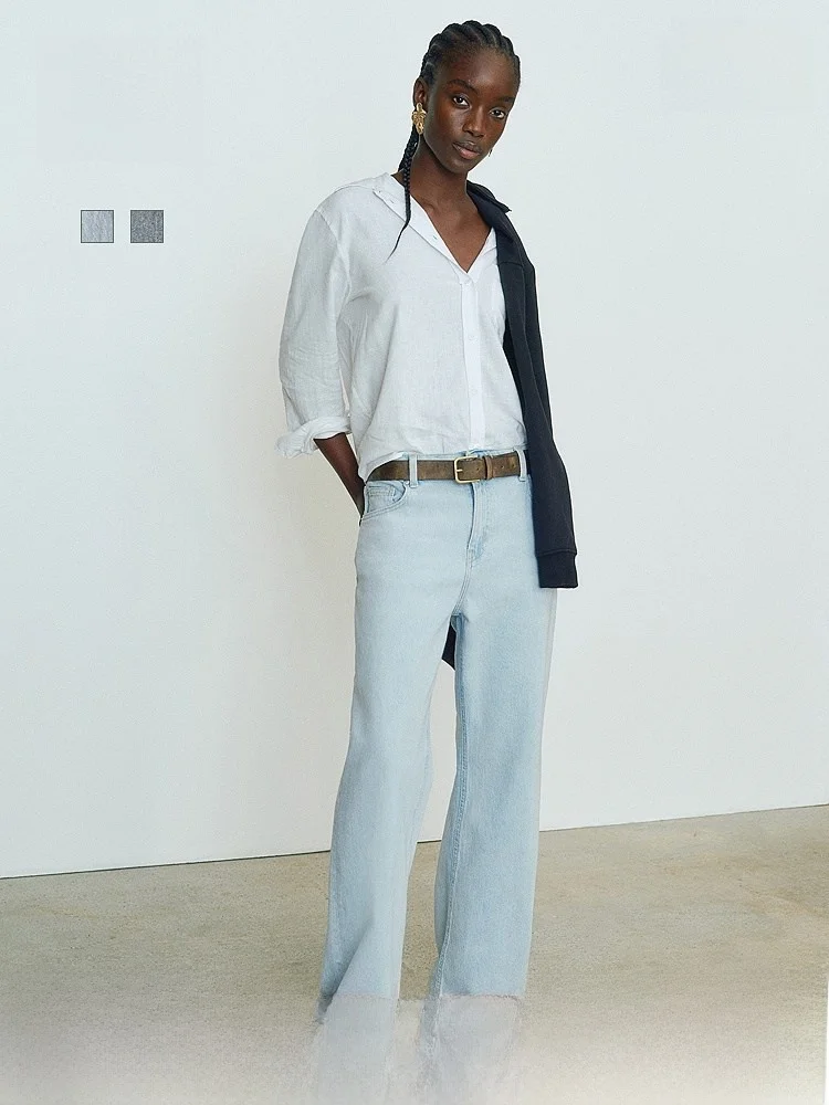 

Прямые джинсы с высокой талией, женские модные зимние облегающие широкие брюки HM, повседневные брюки без стрейч для молодежи и среднего возраста