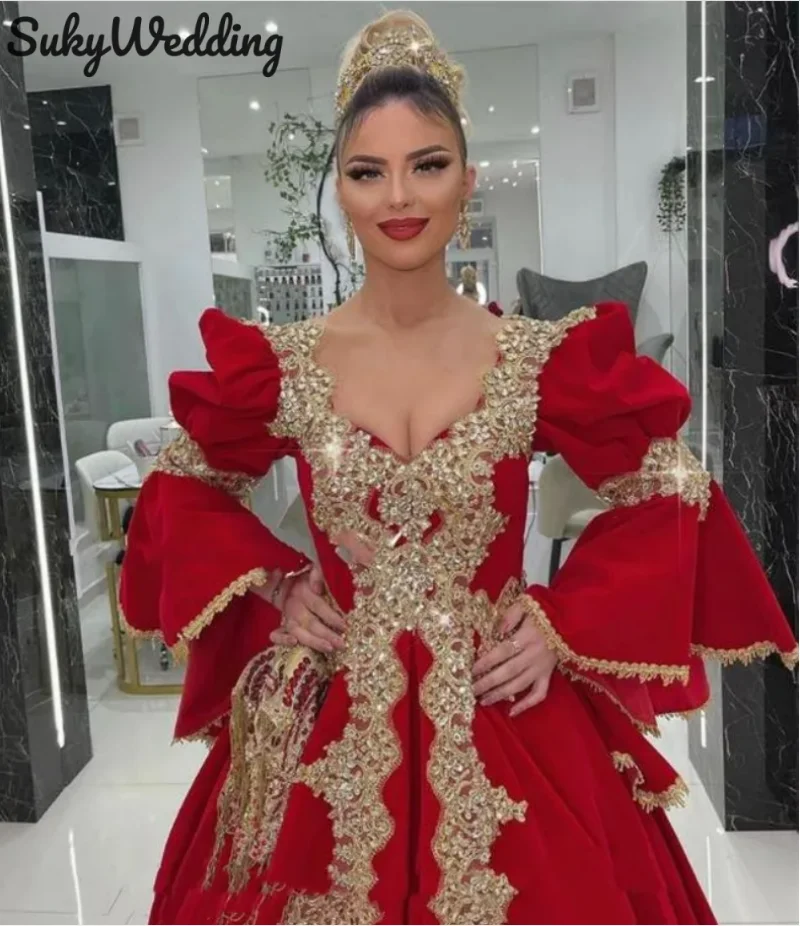 Red Arabic kosovo Evening Dresses Flare Sleeves Applique Crystal Sequined Gold Lace Dubai Kaftan Prom Formal Gowns Customized