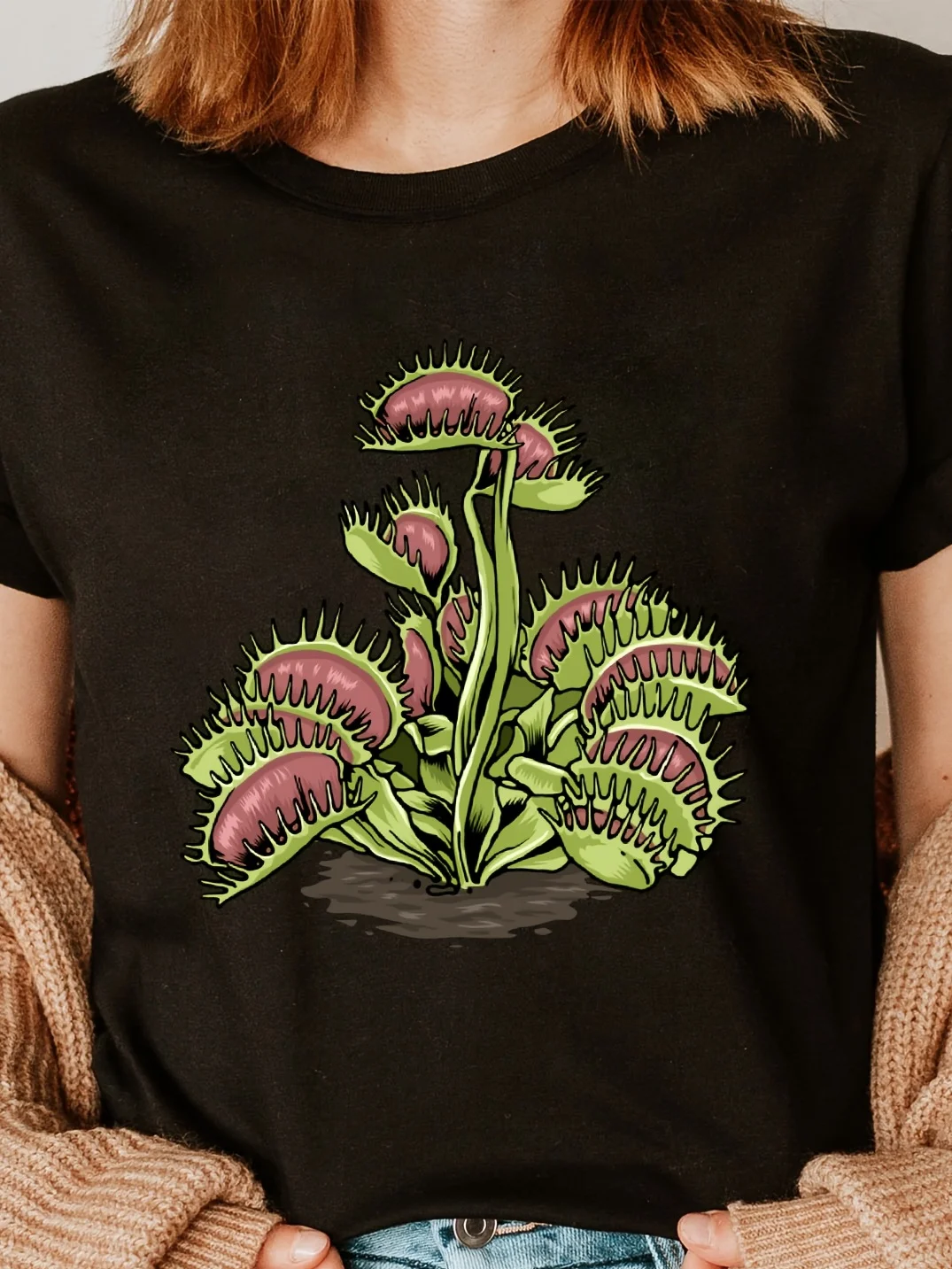 

Женская футболка с карнавальным растительным рисунком, легкий топ с круглым вырезом, повседневный летний наряд на каждый день, модный костюм с ботаническим принтом