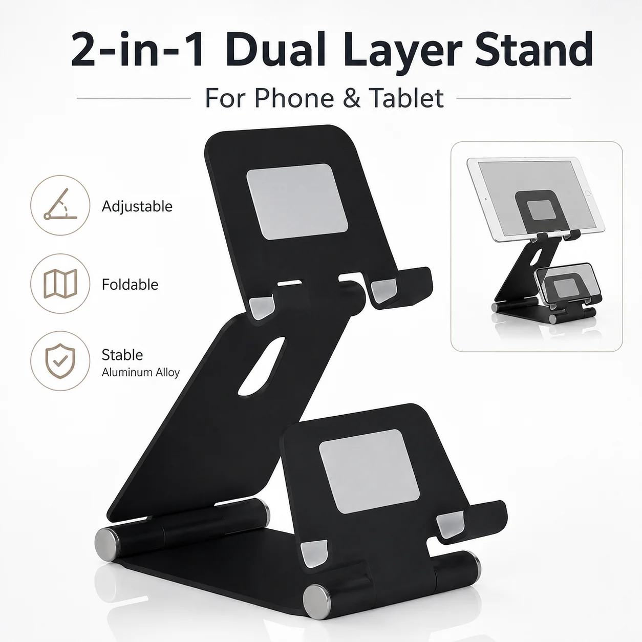 Dual Layer Phone & Tablet Stand, Foldable Aluminum Adjustable Holder with Non-Slip Pad for iPad iPhone Android Devices