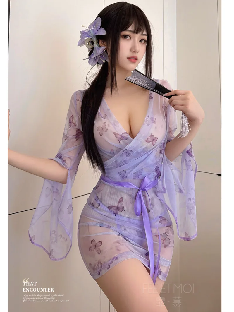 عطلة نمط طباعة مغرية فراشة فستان النوم فستان مثير أنيق الخامس الرقبة بقماش شفاف رقيقة مثير فستان قصير كيمونو EOP8